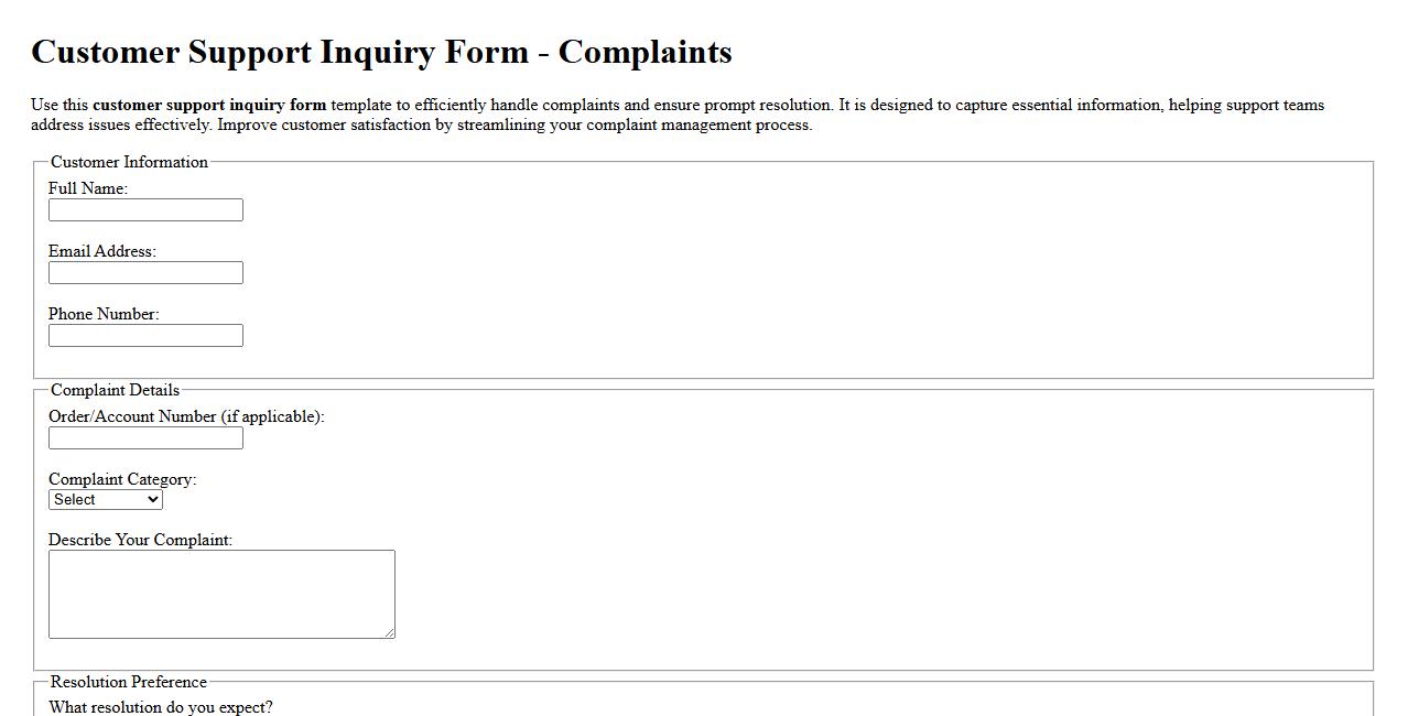 customer support inquiry form sample for complaints image preview