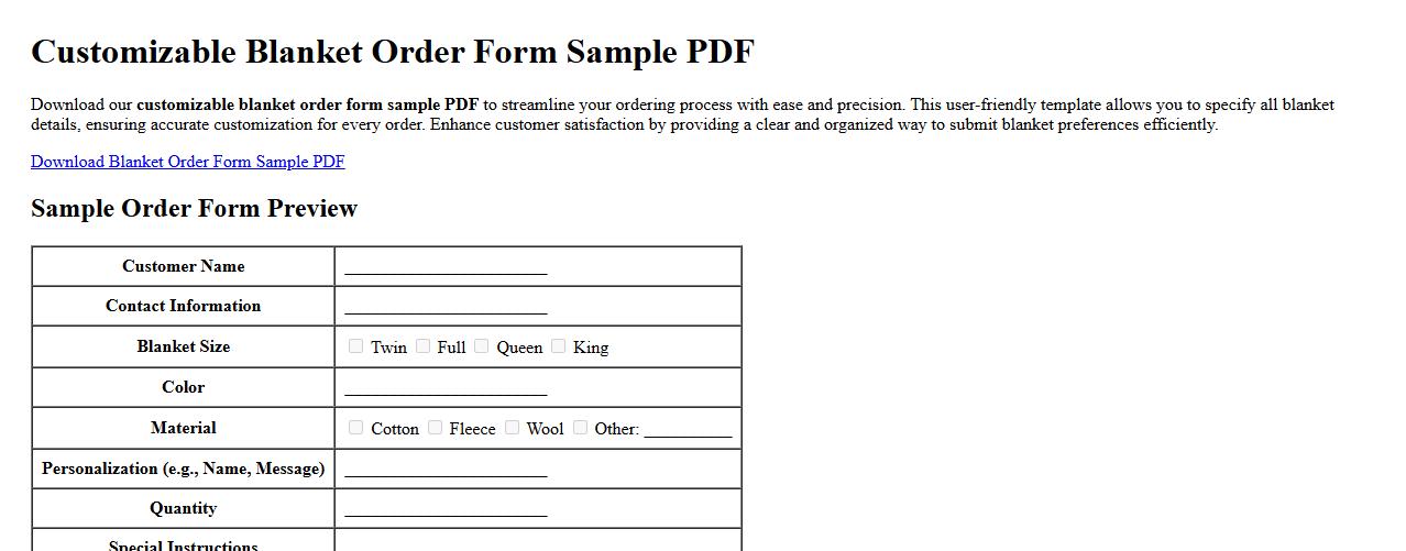 customizable blanket order form sample PDF image preview