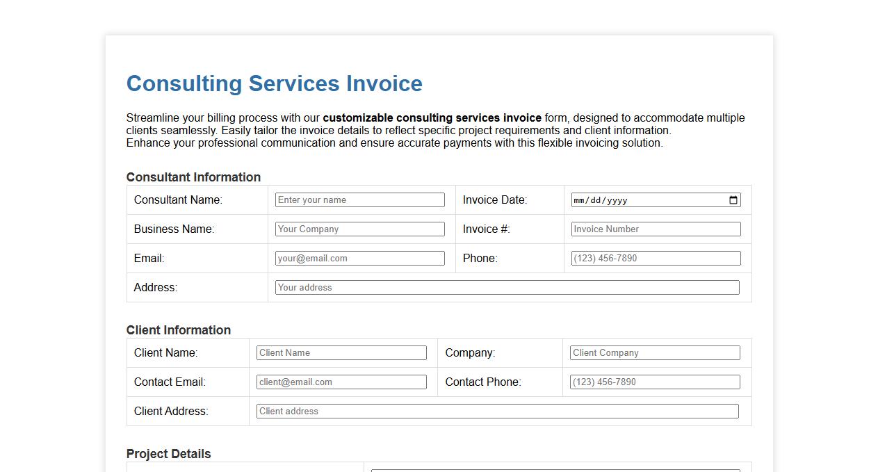 Customizable consulting services invoice form for multiple clients image preview