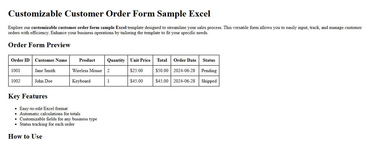 Customizable customer order form sample Excel image preview