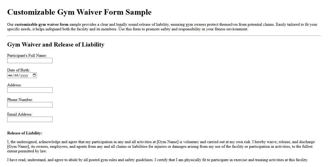 Customizable gym waiver form sample with release of liability image preview