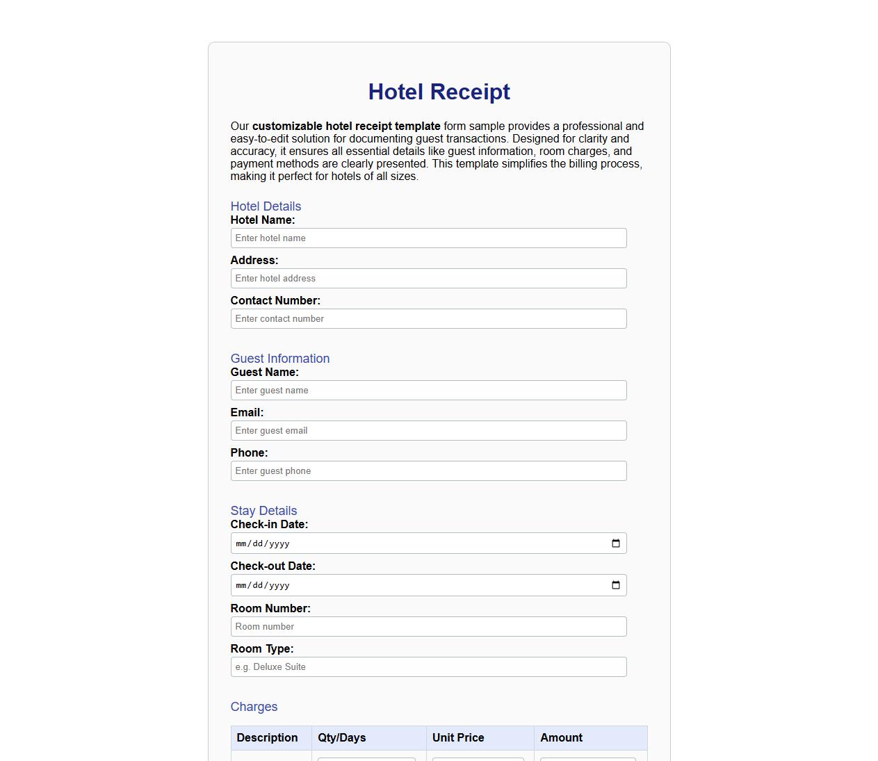 Customizable hotel receipt template form sample image preview