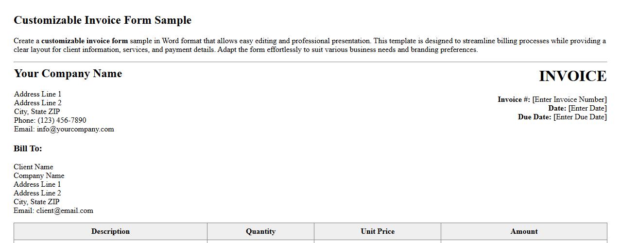 Customizable invoice form sample in Word format image preview
