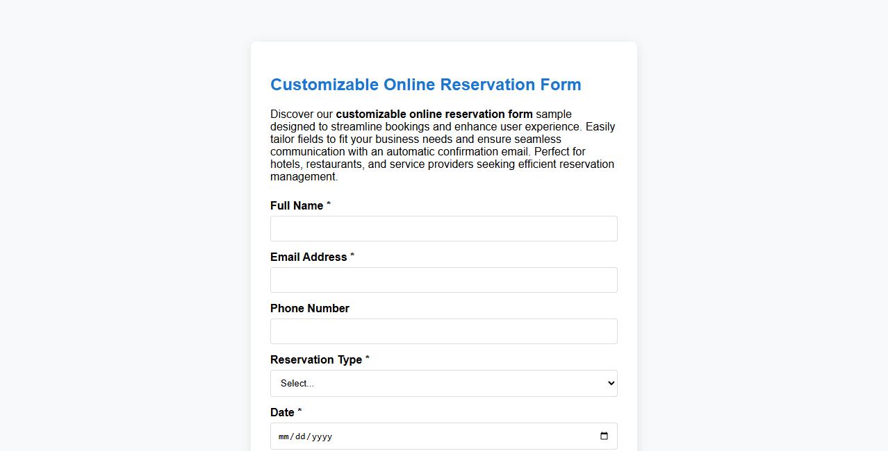 Customizable online reservation form sample with confirmation email image preview
