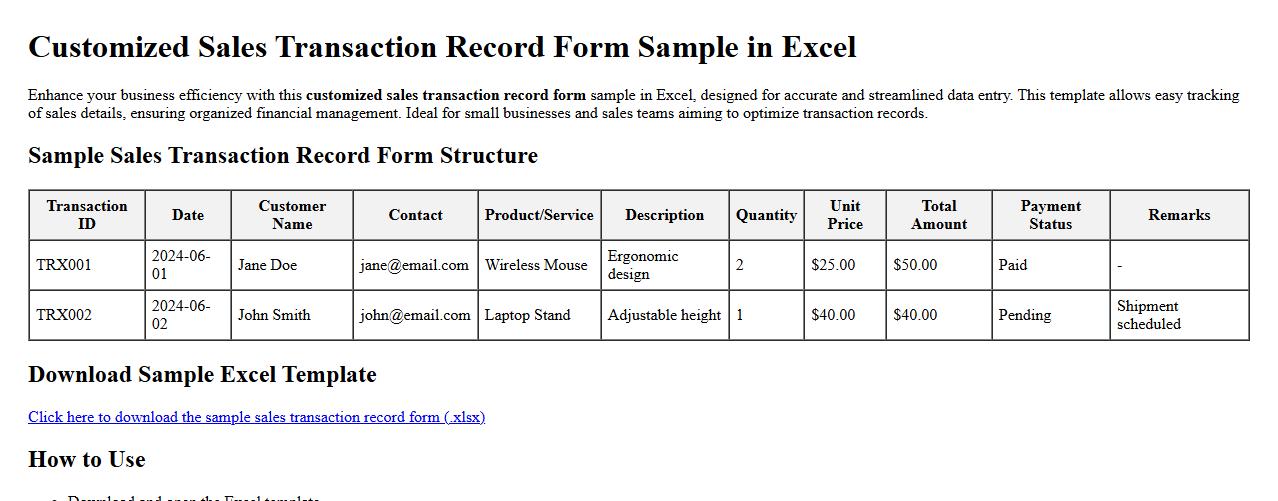 customized sales transaction record form sample in excel image preview