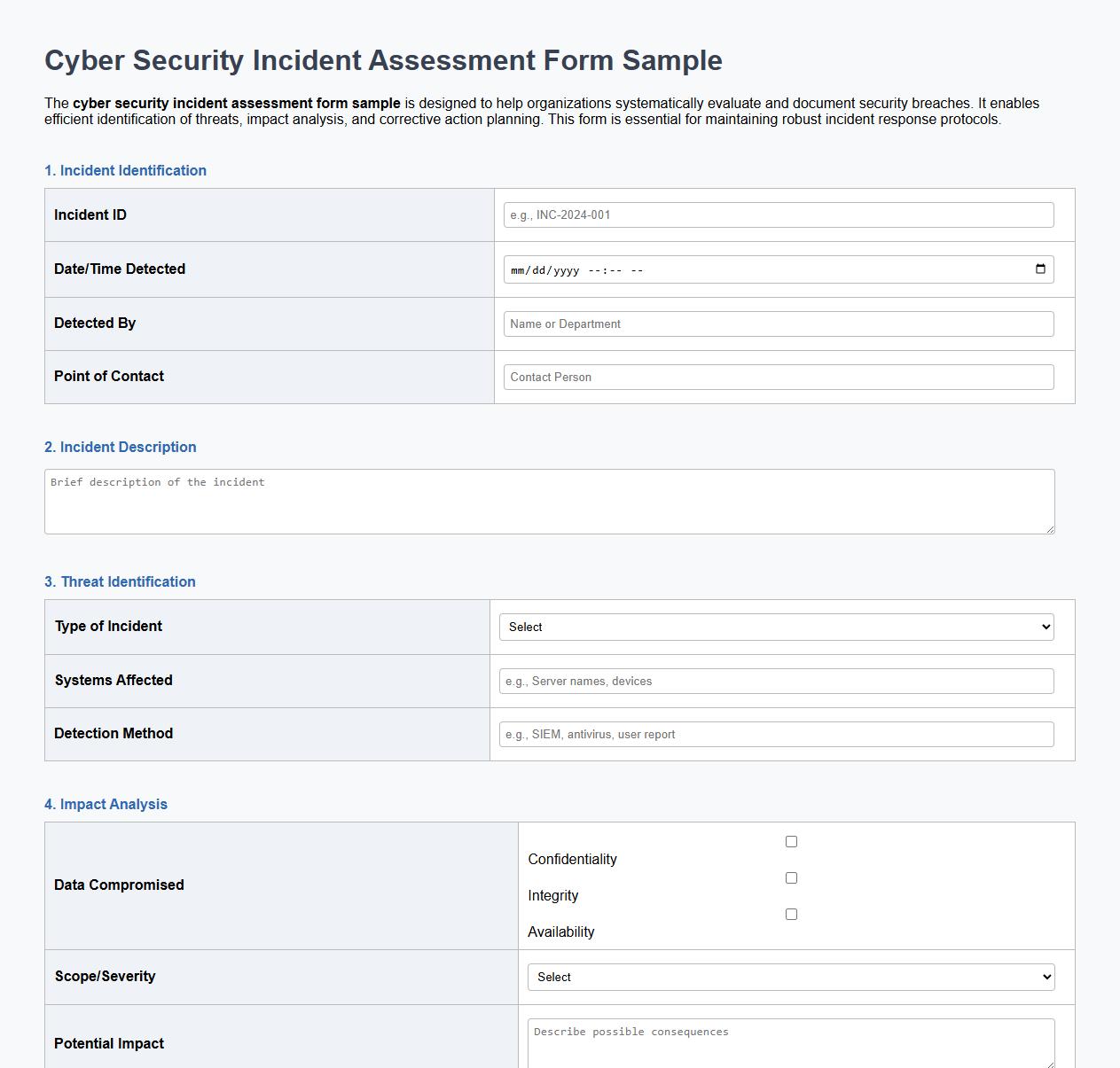 cyber security incident assessment form sample image preview