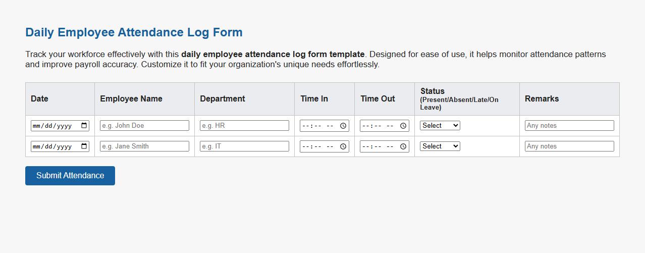 Daily employee attendance log form template sample image preview