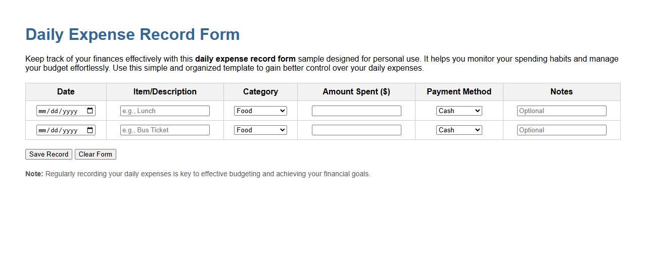 Daily expense record form sample for personal use image preview