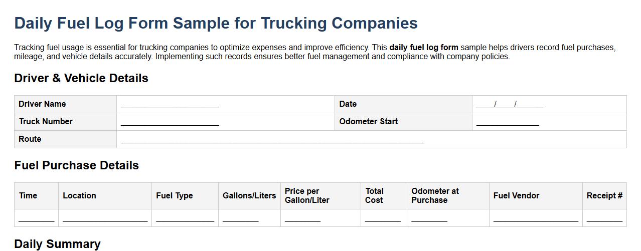 Daily fuel log form sample for trucking companies image preview