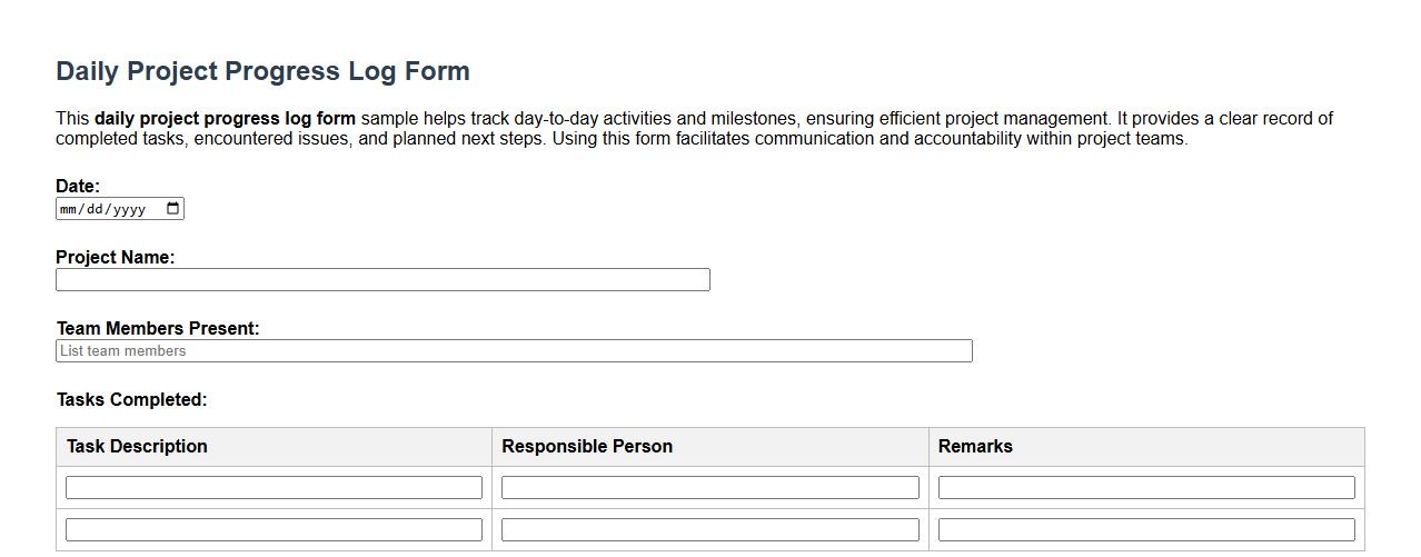 daily project progress log form sample image preview