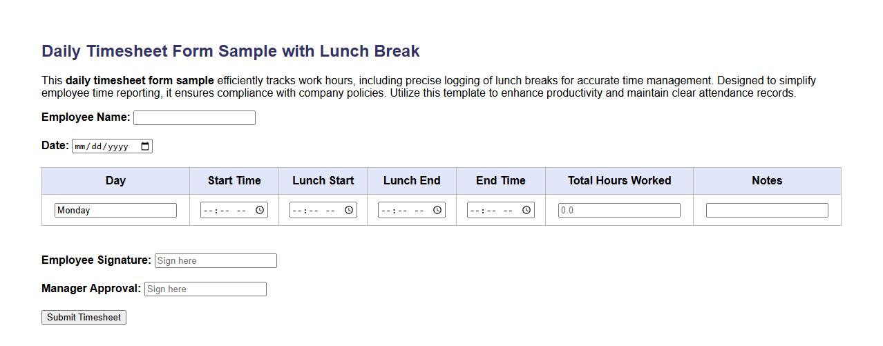 daily timesheet form sample with lunch break image preview