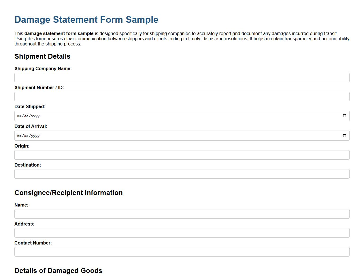 Damage statement form sample for shipping companies image preview
