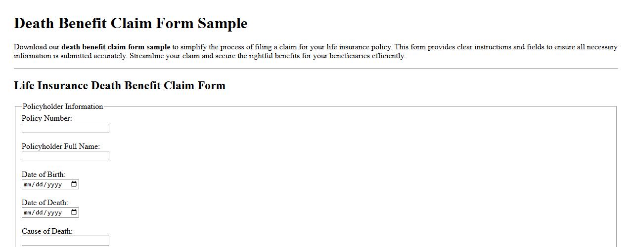Death benefit claim form sample for life insurance policy image preview