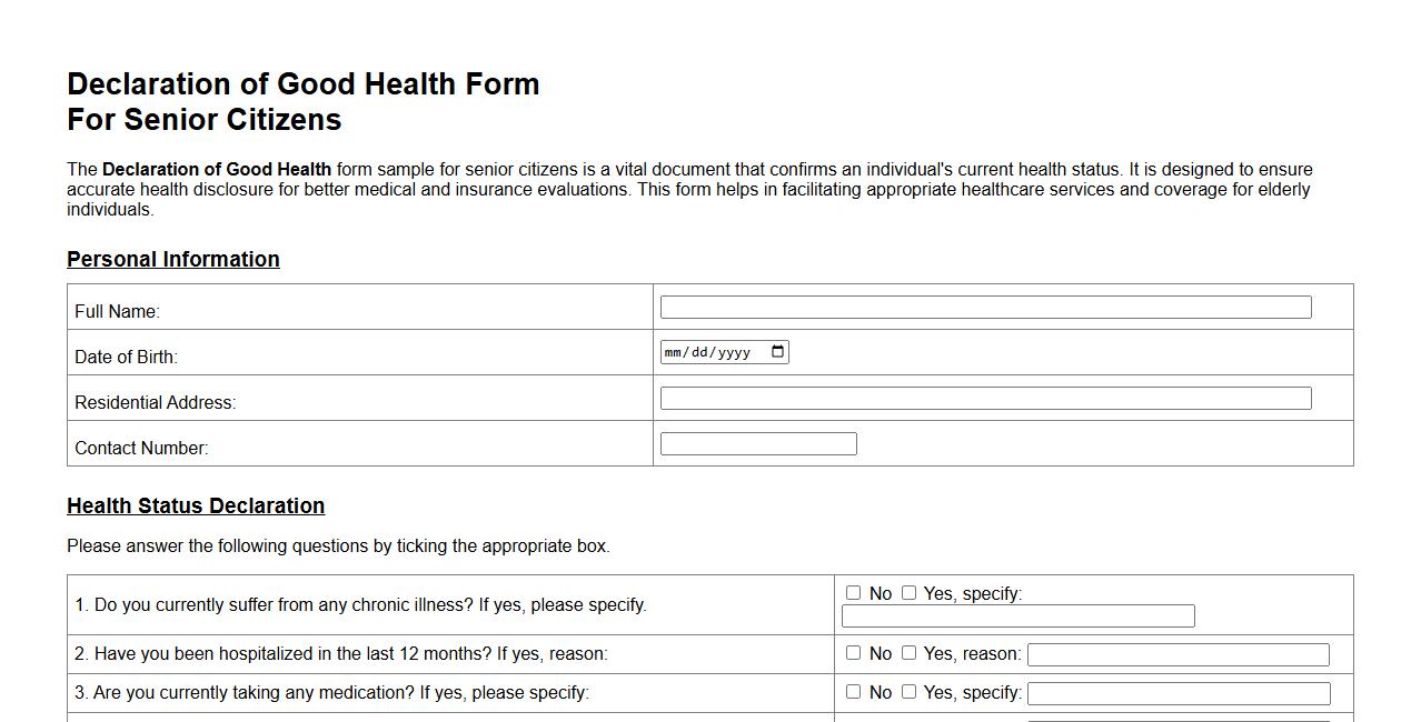 Declaration of Good Health form sample for senior citizens image preview