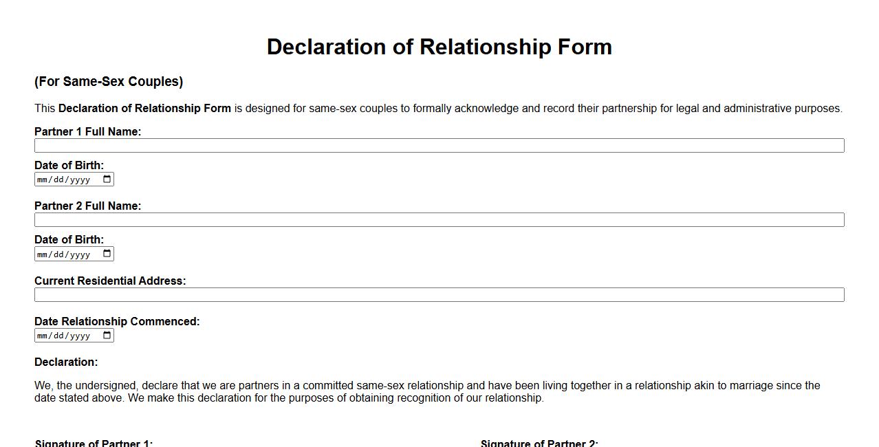 declaration of relationship form sample for same-sex couples image preview