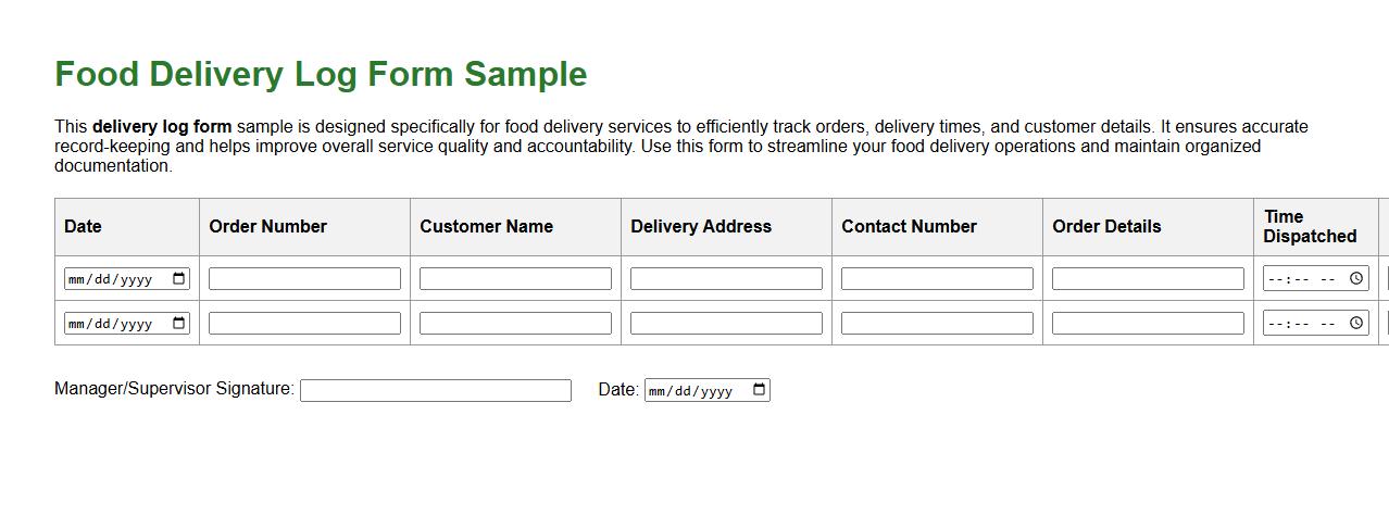 delivery log form sample for food delivery image preview