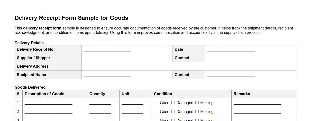 Delivery receipt form sample for goods image preview