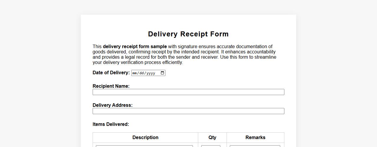Delivery receipt form sample with signature image preview