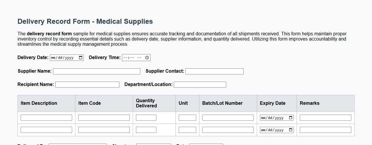Delivery record form sample for medical supplies image preview