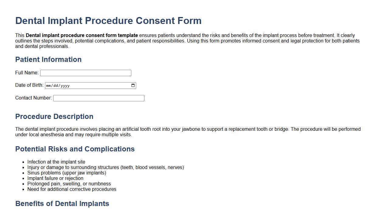 Dental implant procedure consent form template image preview