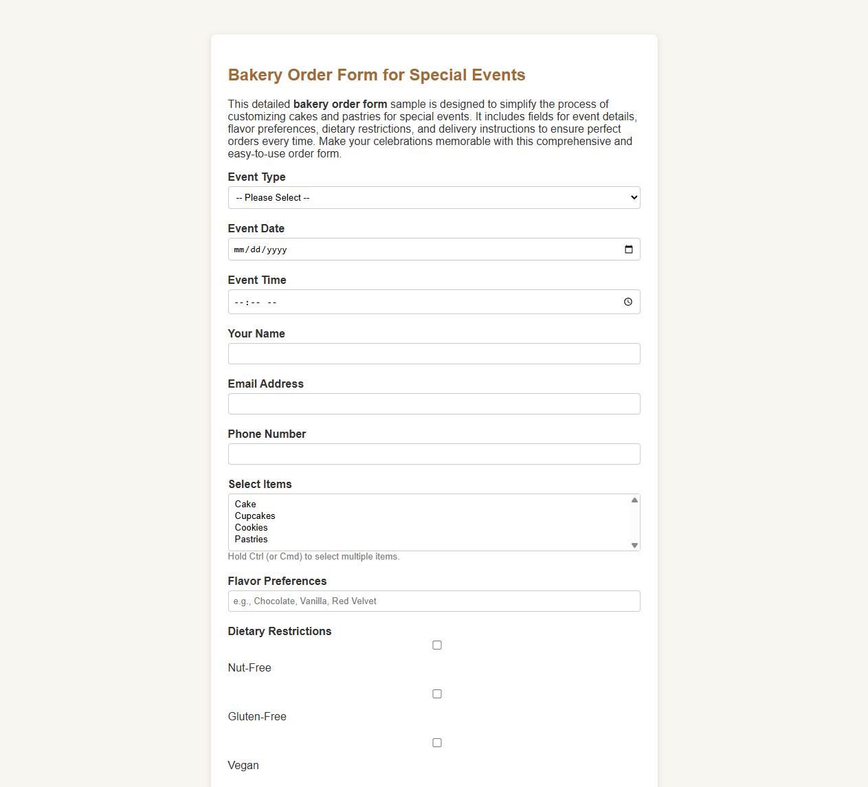 Detailed bakery order form sample for special events image preview