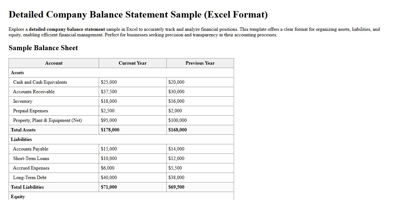 Detailed company balance statement sample excel image preview