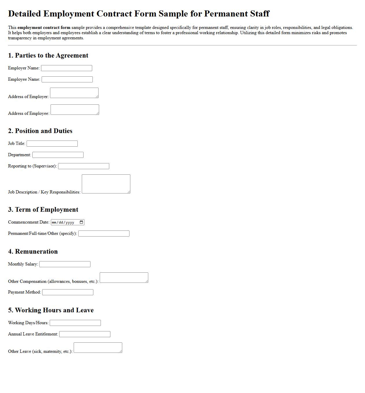 Detailed employment contract form sample for permanent staff image preview