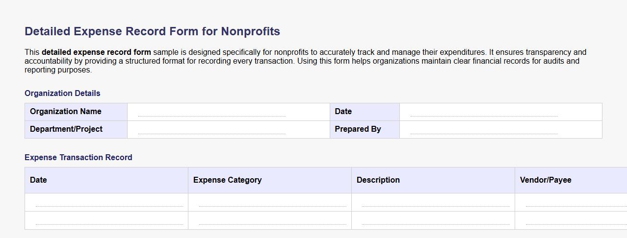 Detailed expense record form sample for nonprofits image preview