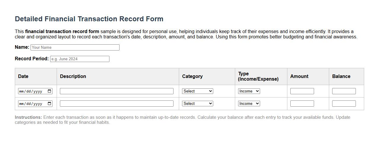Detailed financial transaction record form sample for personal use image preview