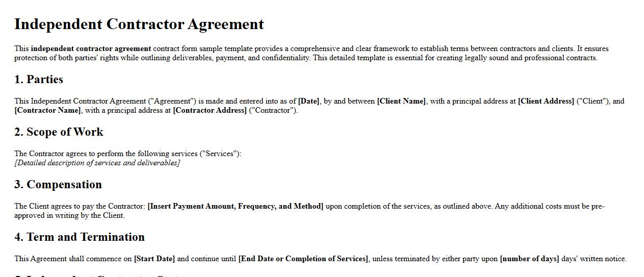 detailed independent contractor agreement contract form sample template image preview