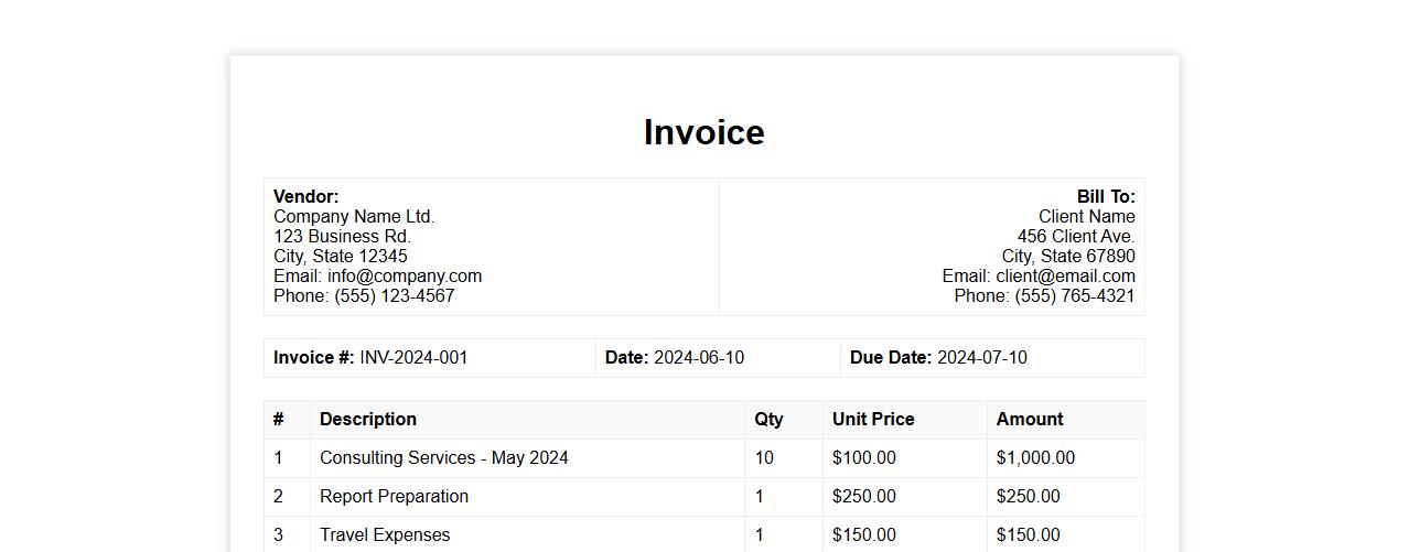 Detailed invoice form sample with payment terms image preview