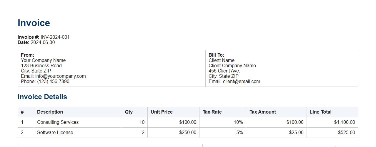 Detailed invoice template with tax breakdown image preview