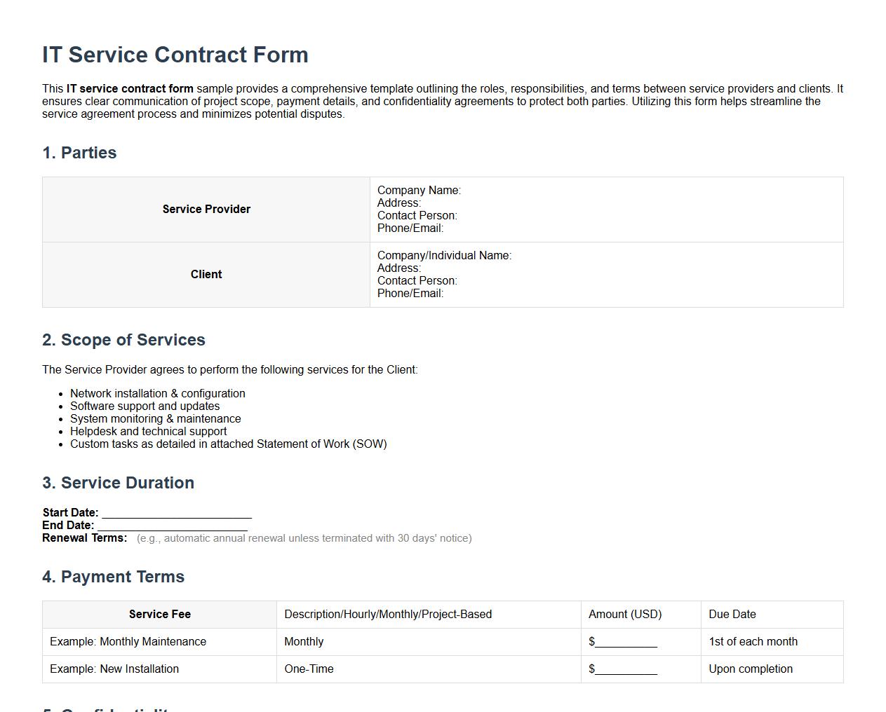 Detailed IT service contract form sample image preview