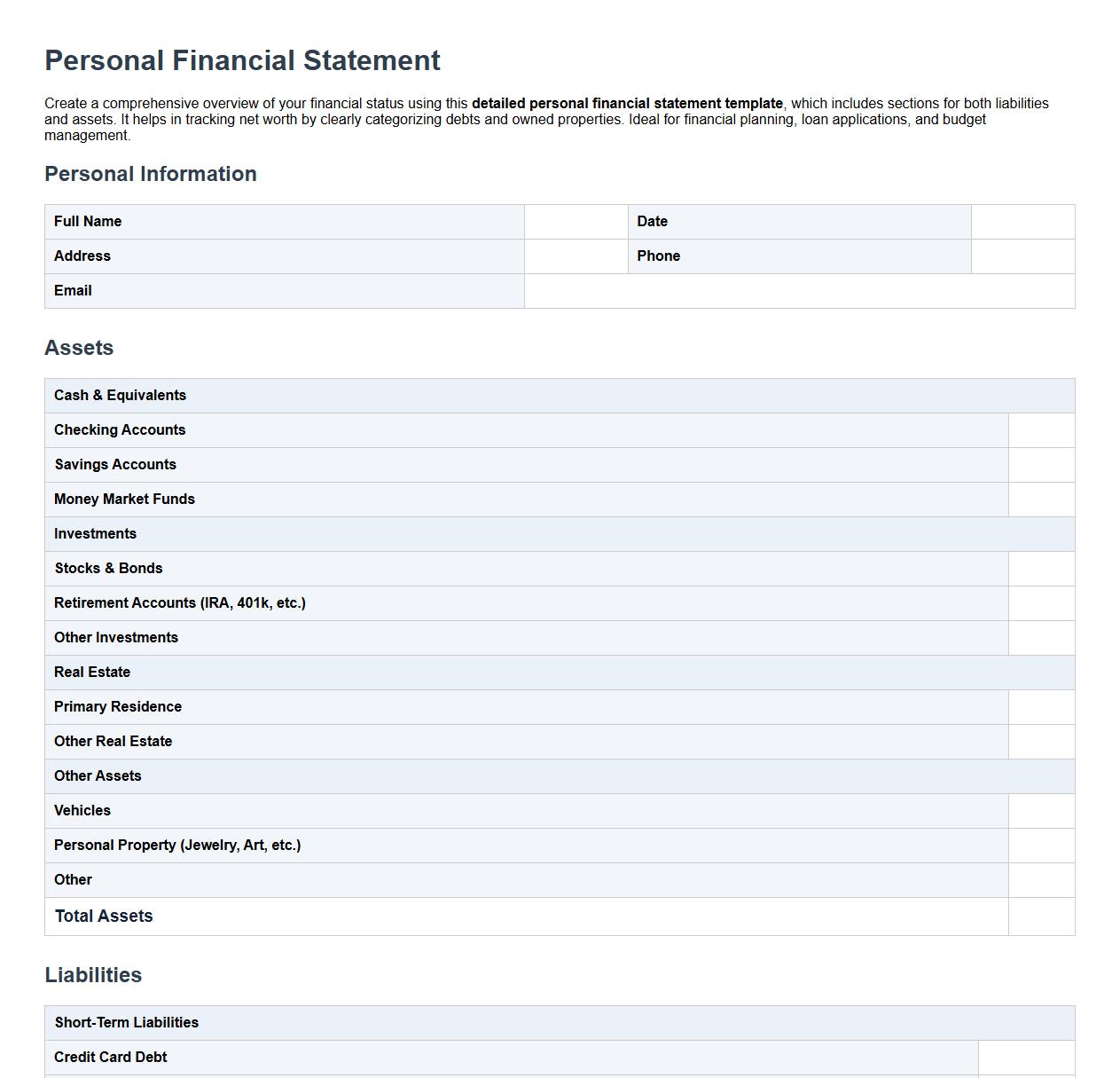 Detailed personal financial statement template with liabilities and assets image preview