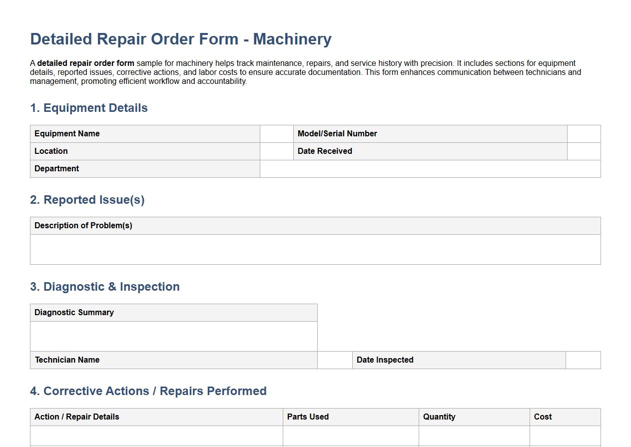 detailed repair order form sample for machinery image preview