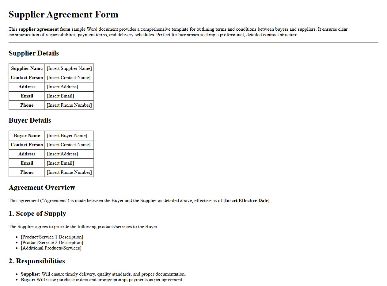 Detailed supplier agreement form sample Word image preview
