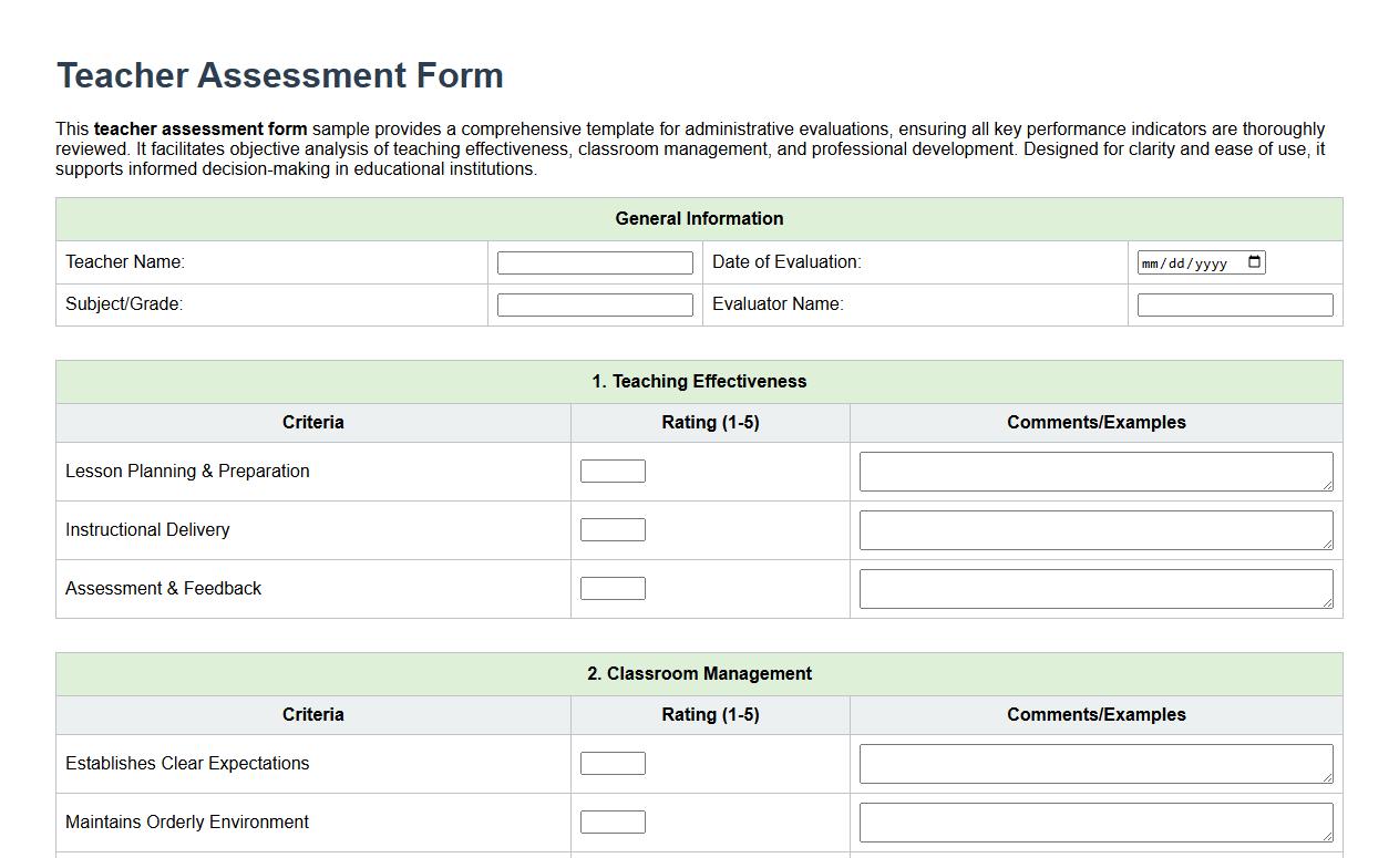 detailed teacher assessment form sample for administrative evaluation image preview