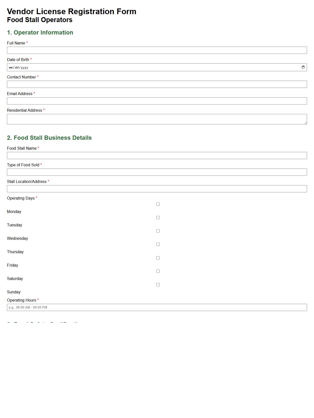 detailed vendor license registration form sample for food stalls image preview