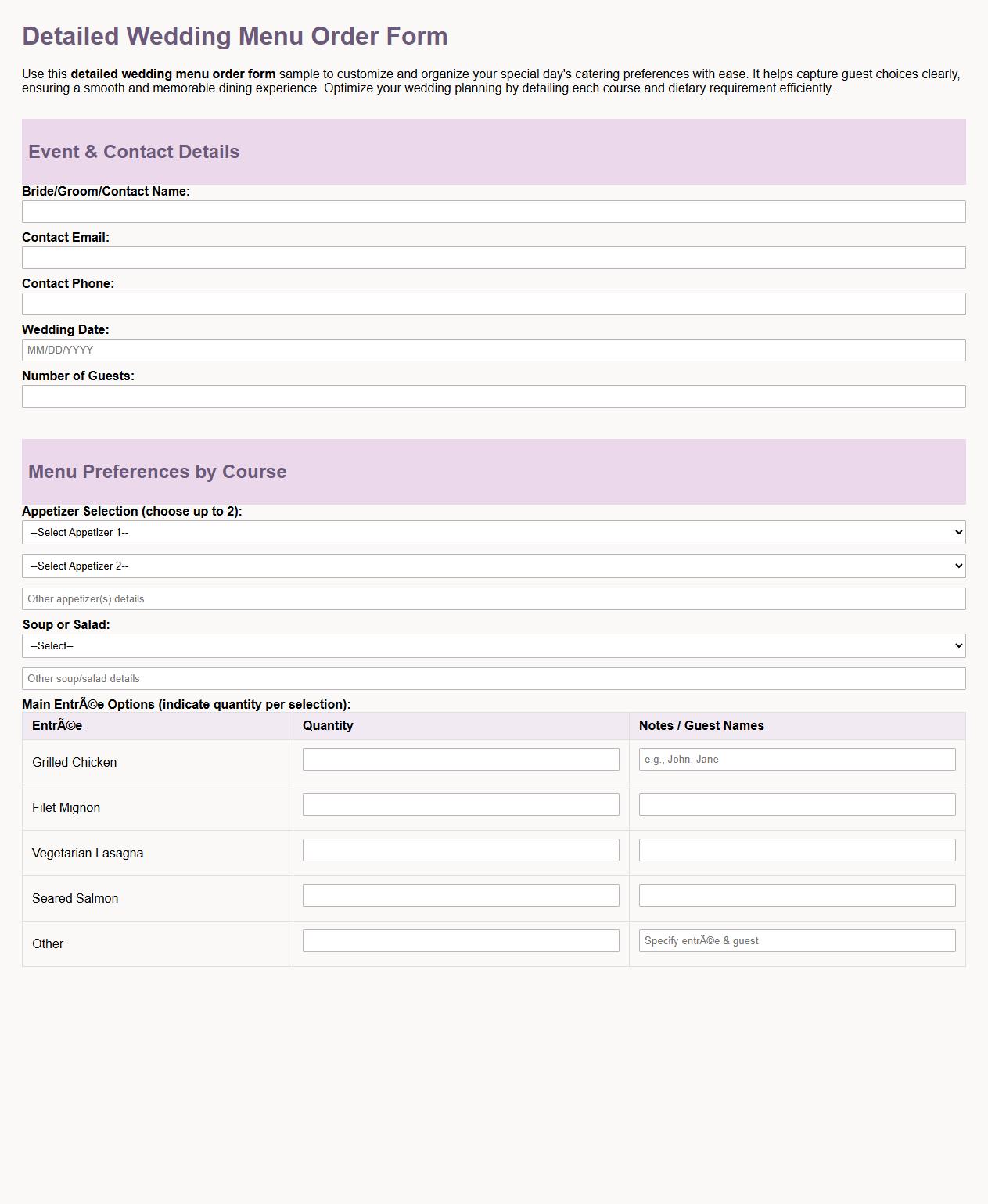 detailed wedding menu order form sample image preview