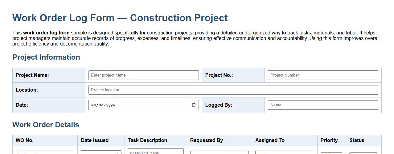 detailed work order log form sample for construction projects image preview