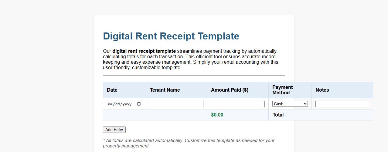 Digital rent receipt template with automatic totals image preview
