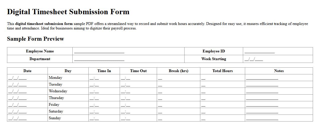 Digital timesheet submission form sample PDF image preview
