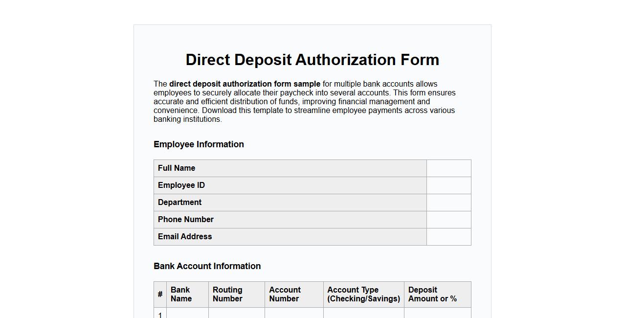 direct deposit authorization form sample for multiple bank accounts image preview