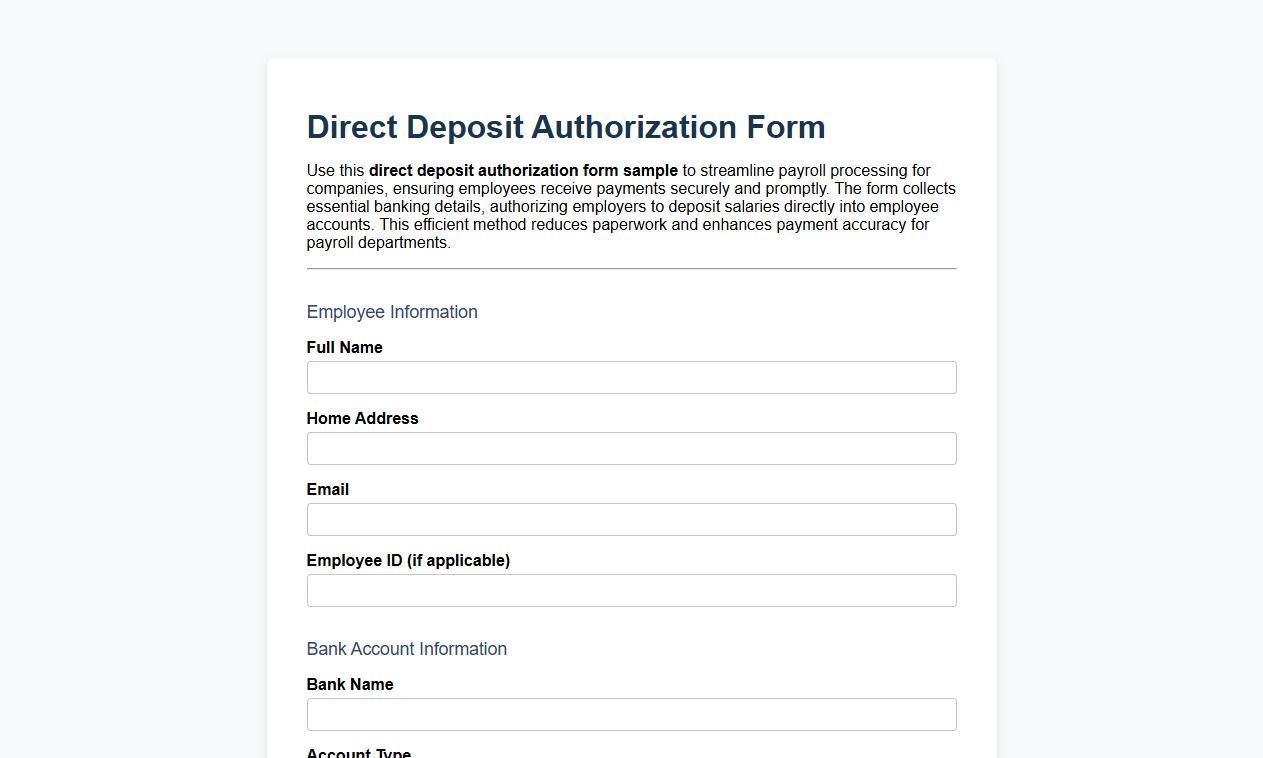 direct deposit authorization form sample for payroll companies image preview