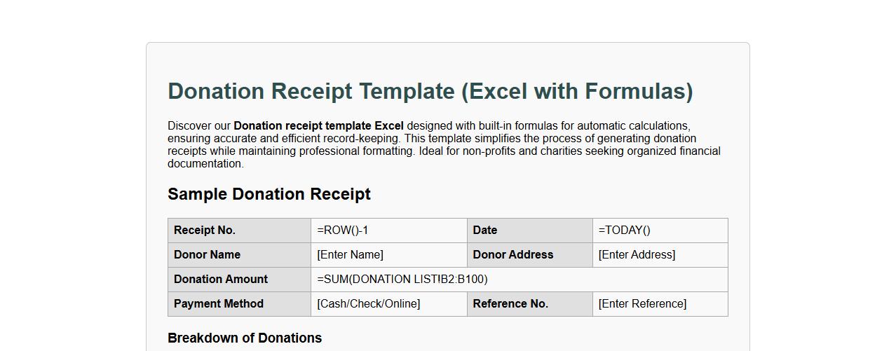 Donation receipt template Excel with formulas image preview