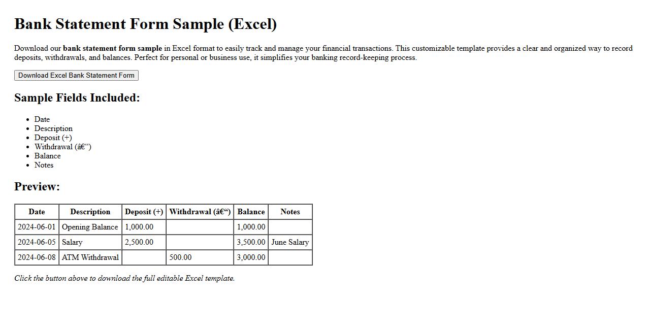 downloadable bank statement form sample in excel image preview