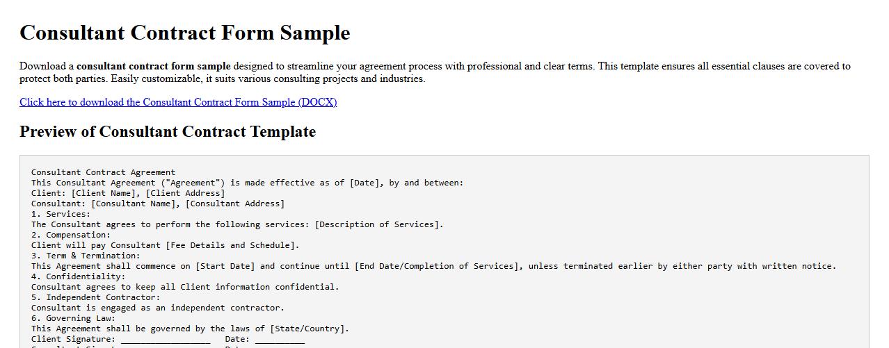 downloadable consultant contract form sample image preview