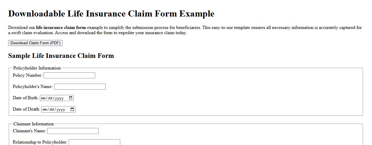 Downloadable life insurance claim form example image preview