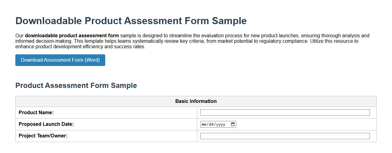 downloadable product assessment form sample for new product launches image preview