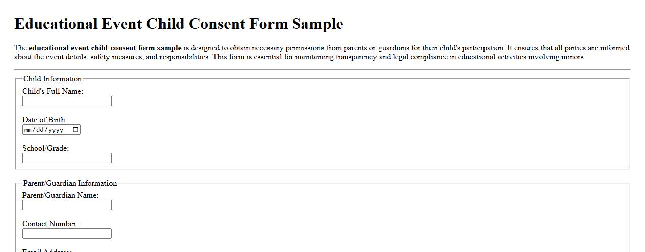 Educational event child consent form sample image preview